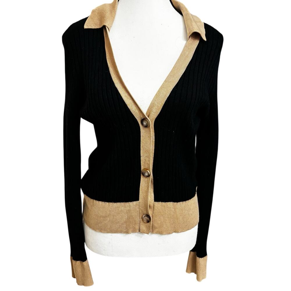 Womens Medium Collared Cardigan Black Tan Contrast Trim Ribbed Button Preppy